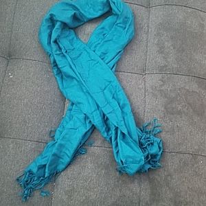 Teal blue fringed scarf shawl.